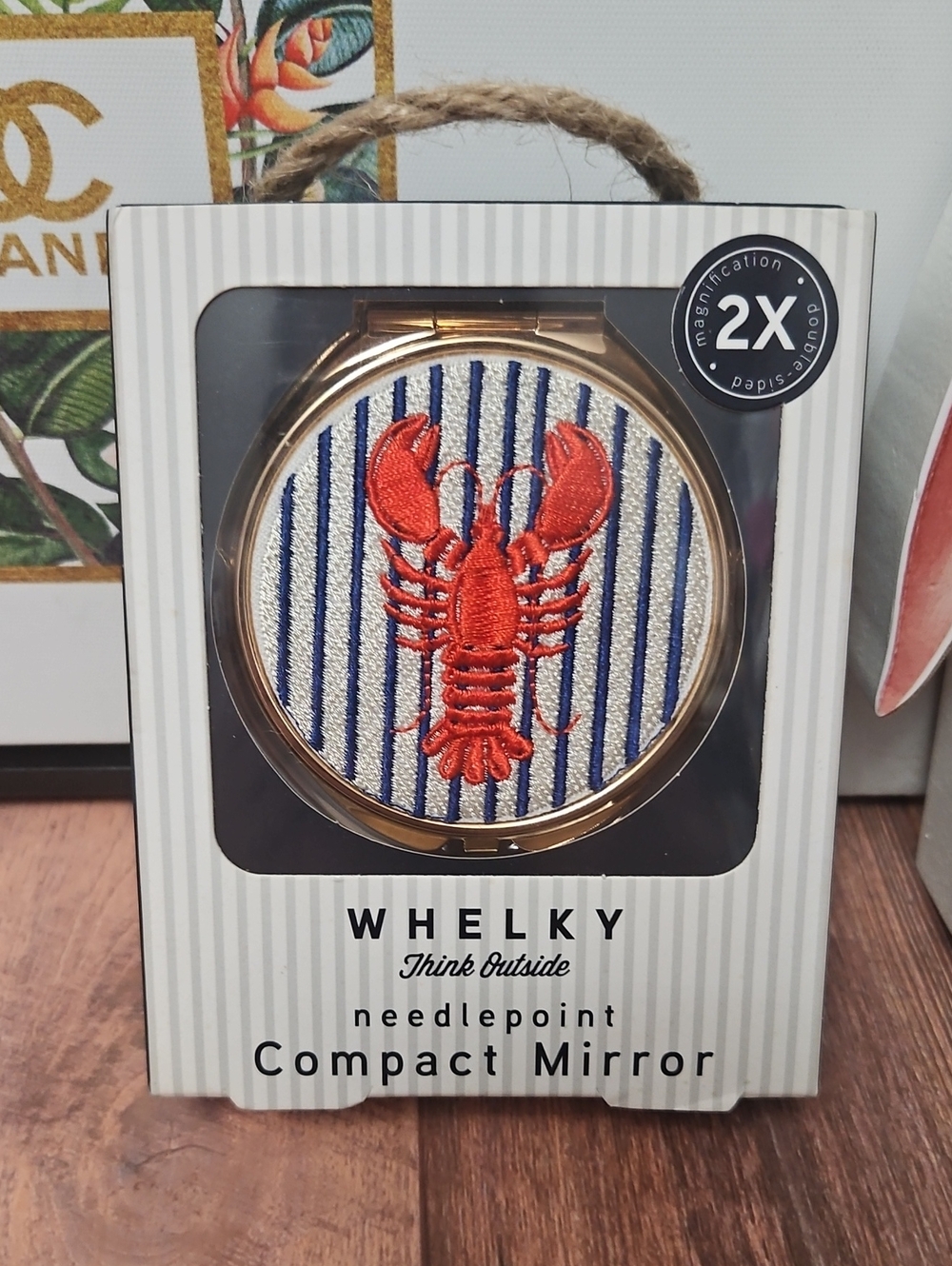 Needlepoint Compact Mirror - Red Lobster on Blue Stripe
